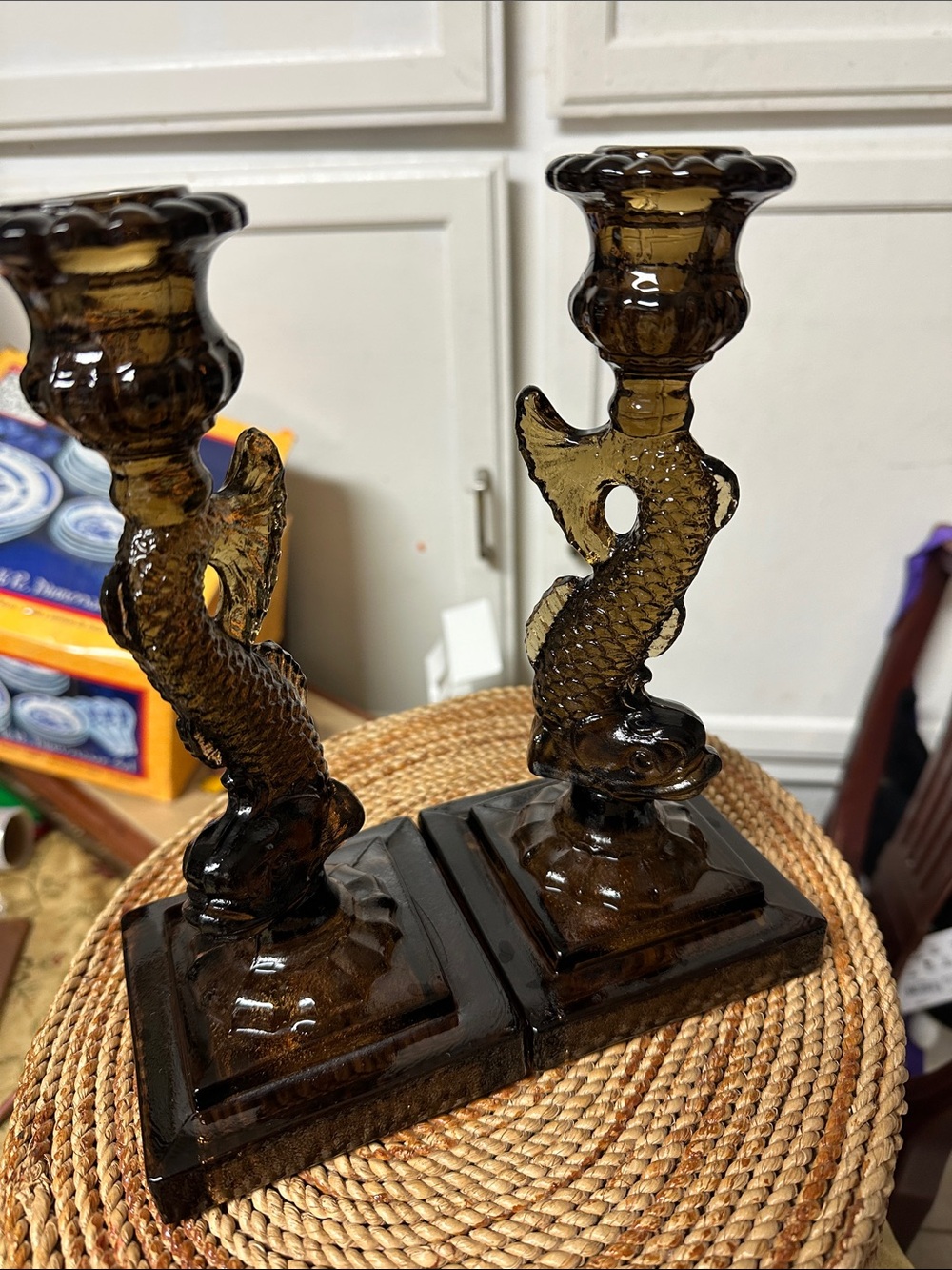 Smoky Amber Glass Fish Candlestick Pair - Home Accents